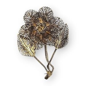 Sterling Filigree Flower Brooch Spun Silver 925 Vermeil Vintage Portugal 2.25"